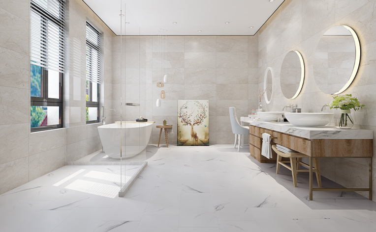 bathroom canada with circular mirrors and walk in shower